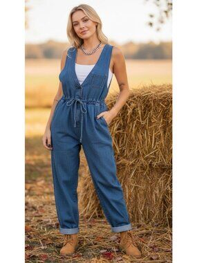 Dazy Overalls Womens Drawstring Waist Blue Jean Denim Size M Deep V No Bib Sexy